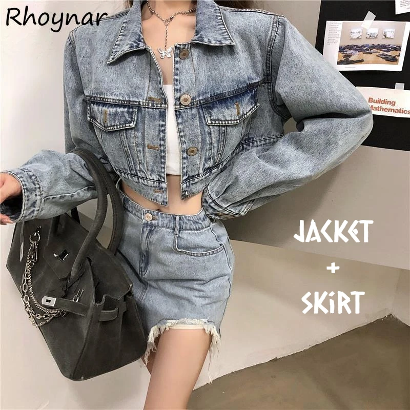 Женские джинсовые комплекты куртка с длинным рукавом потертая ассиметричная