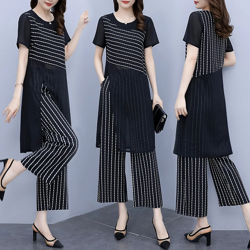

Chiffon Suit Summer 2021 Plus Size Women's Drape Wide-leg Pants Striped Dress Two-piece Suit Ensemble Femme Survetement