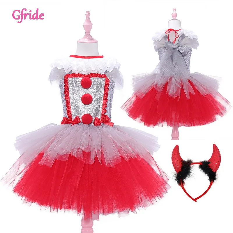 

New Variety Clown Dress With Headband Girls Gauze Tutu Skirt Halloween Kids dance Performance Costume Children's Clothing 2-10Yr