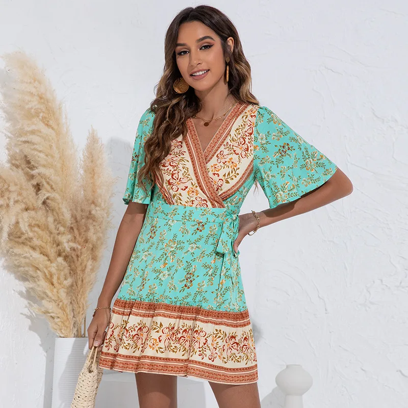 

woman dress Printing V-Neck Bohemian COTTON dresses summer women's dress 2021