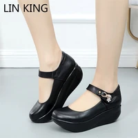lin king black womens round toe pumps plus size woman wedge swing shoes female height increase plaform high heel shoes big size