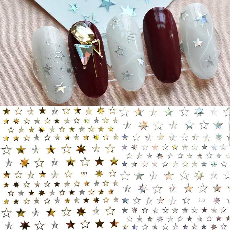 1 Sheet 3D Shiny Stars Nail Stickers Glitter Nail Decoration Decals DIY Transfer Adhesive Golden Silver Nail Tips Accessories