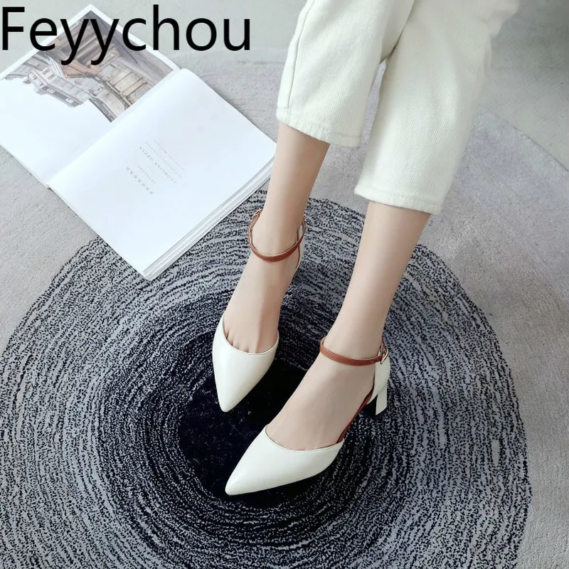 Shoes Sandals Women High Heel Pointed Toe Casual Thick Heels Buckle Ankle Strap Mixed-colors 2021 Sexy Fashion Party White | Обувь