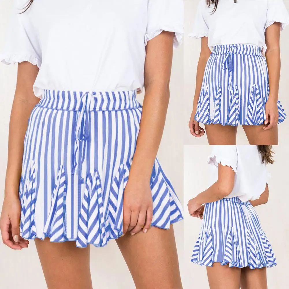 

Высококачественная юбка, модное женское Плиссированное мини-платье в полоску с высокой талией, расклешенное платье с поясом, повседневная ...