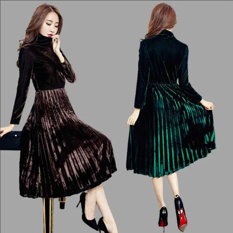 Новые бархатные платья для женщин 2020 Весна Осень Винтаж Водолазка с длинным