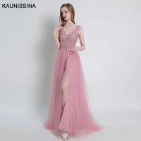 kaunissina evening gown sexy crystal beading split tulle prom dress floor length evening dress party vestido 9 colors 15 sizes