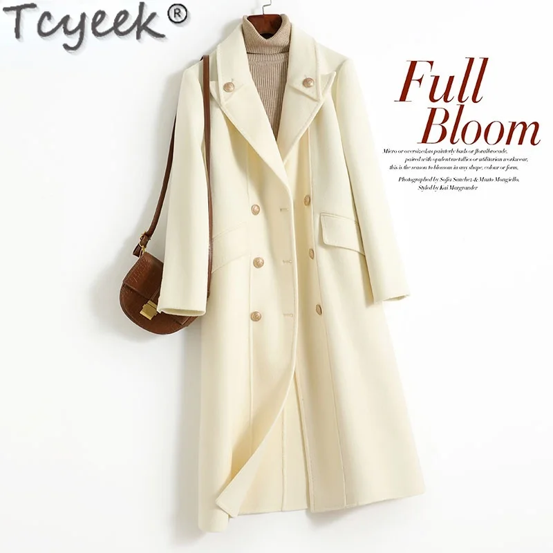 

Женское двухстороннее шерстяное пальто Tcyeek, Длинное Элегантное пальто из 2021 натуральной шерсти в Корейском стиле на осень и зиму, Gxy741