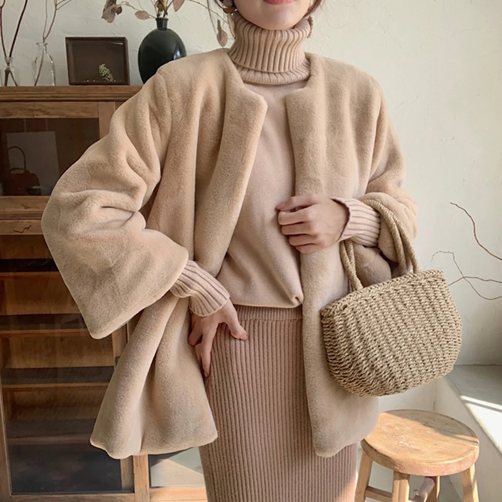 

Winter Office Ladies Faux Fur Overcoat Solid Color Minimalist Simple Korean Style Loose Fur Coats Women Warm Outwear Fleece