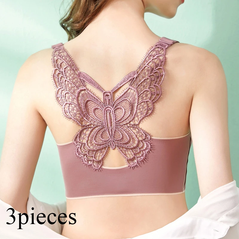 

3pcs/set Thai Latex Plus Size Underwear Women No Steel Ring Butterfly Beautiful Back Sexy Gathering Comfortable Vest-style Bra D