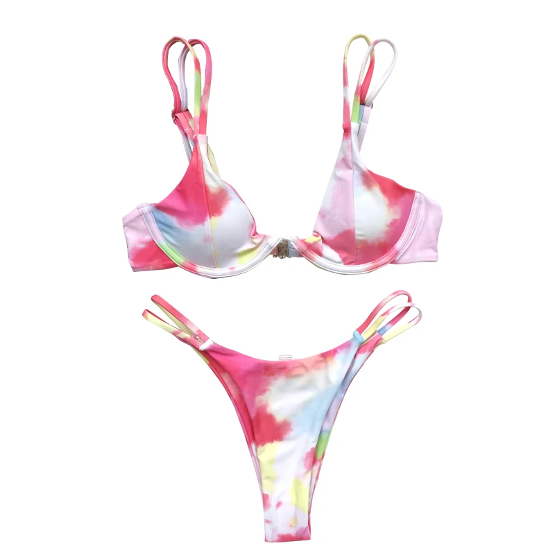 

Sexy pink tie-dye swimsuit 2pieces bikini set Triangle micro bikini shoulder halter swimwear women Low waist bathing suit 2021
