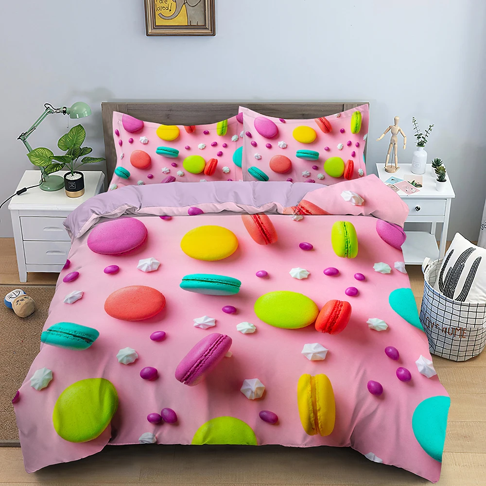 

Pink Dessert Macaron Bedding Set Colorful Fashion 3D Print Comforter Luxury Queen King Single Duvet Cover Set Home Textile Decor