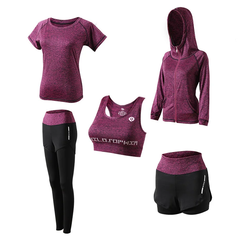 

Hooded Jacket + T-Shirt + Bra + Female Short Yoga 5-Piece Set Outdoor Running Quick-Drying Fitness Clothes Sports Suit