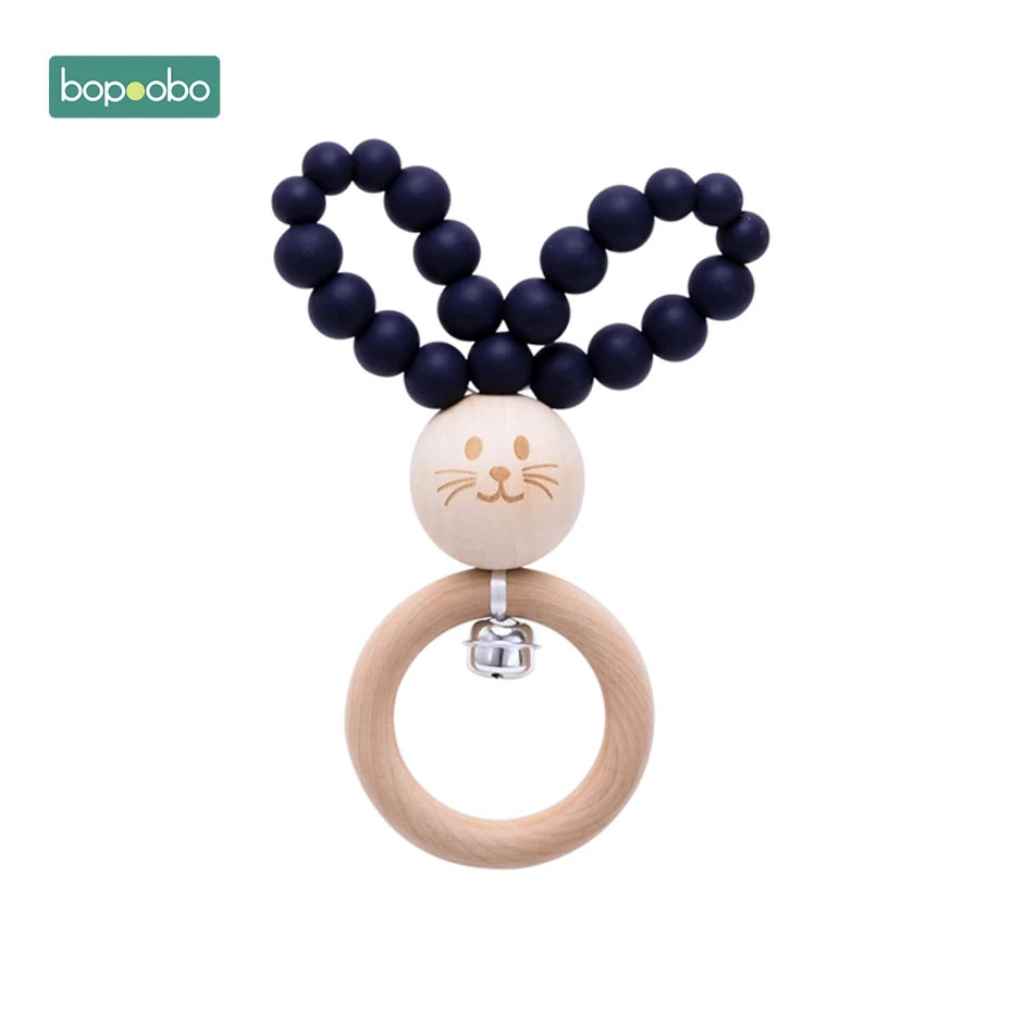 Bopoobo 1 шт. BPA бесплатные Силиконовые Прорезыватели зубов детские бусы кольца из натурального дерева зубы резиновый Houten Ringen деревянные погремушки детского подарка - Цвет: Bunny Navy