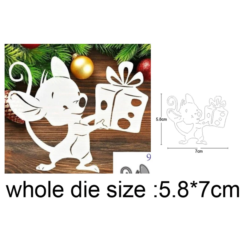 

Christmas Mouse Holding Gift Box Metal Cutting Dies Scrapbooking Stencils DIY Album Cards Embossing Die Cuts Craft Dies 2020 NEW