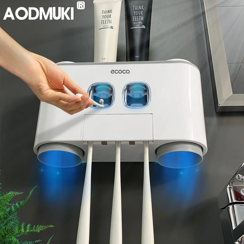 

AODMUKI Wall-Mounted Toothbrush Holder Automatic Toothpaste Dispenser Wall-Mounted Rack Storage Bathroom Accessories Set