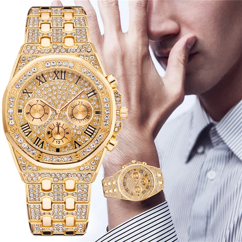 Men Iced Out Watches Luxury Full Diamond Gold Stainless Steel Quartz Wristwatches Clock Gift Relogio Masculino