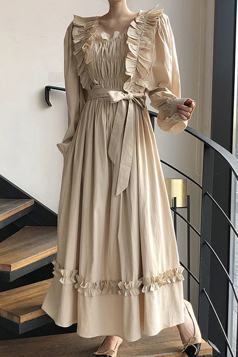 

ZCSMLL vintage square collar vestido pleated lace-up waist long big swing long sleeve dress 2021 spring summer