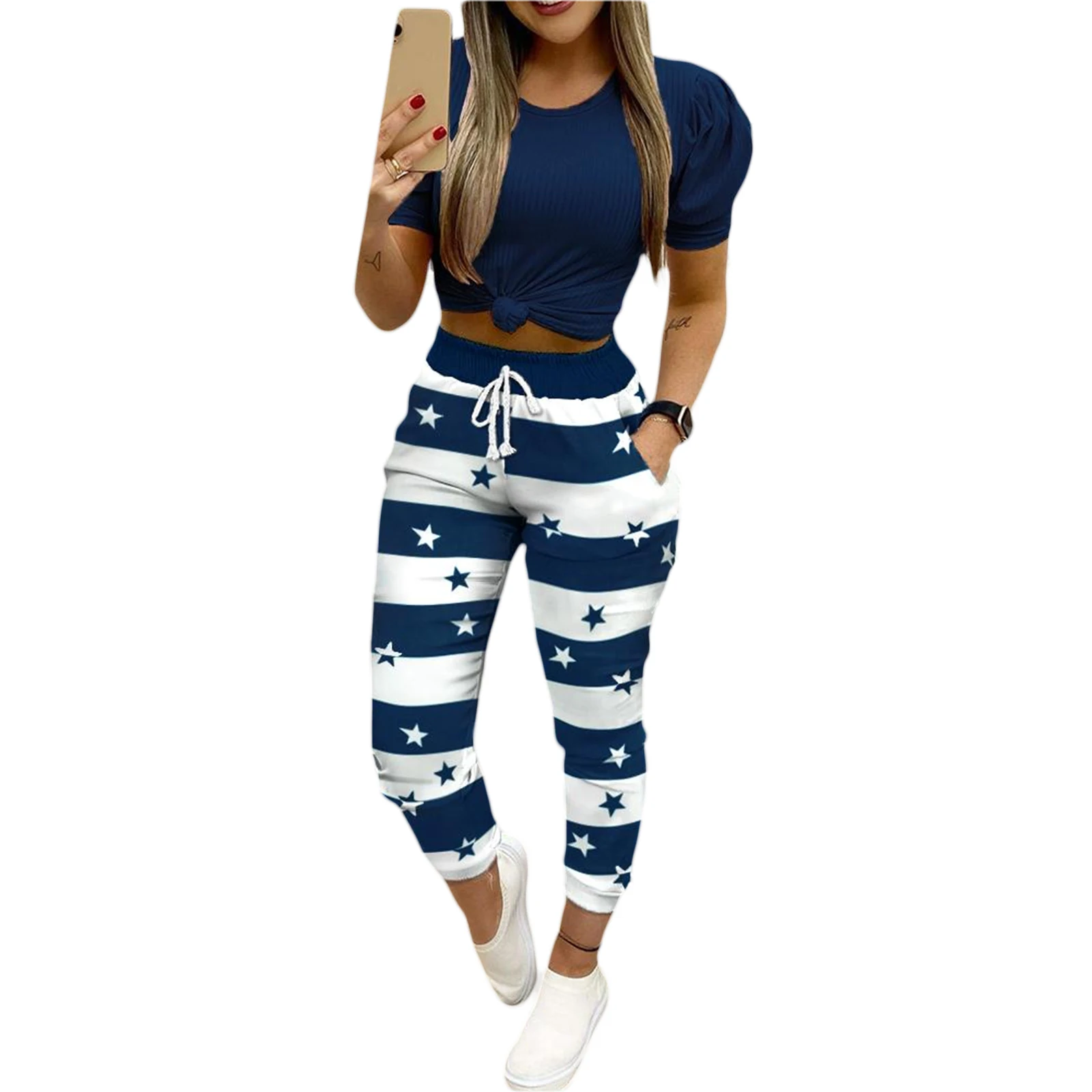 

New 2Pcs Women Summer Tracksuits Solid Color Stripe Puff Short Sleeves T-Shirt Drawstring Adjustable Elastic Waist Casual Pants
