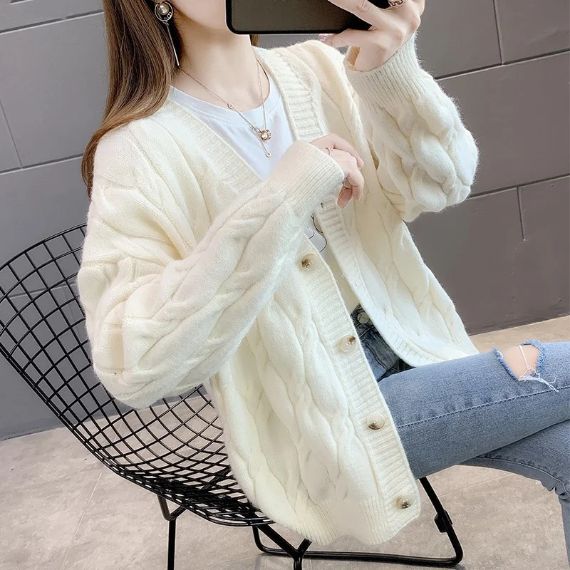 

Women's Knitted V-neck Cardigan Elegant Autumn Winter Casual Loose Single-breasted Solid Color Casual Long Sleeve Soft Coat