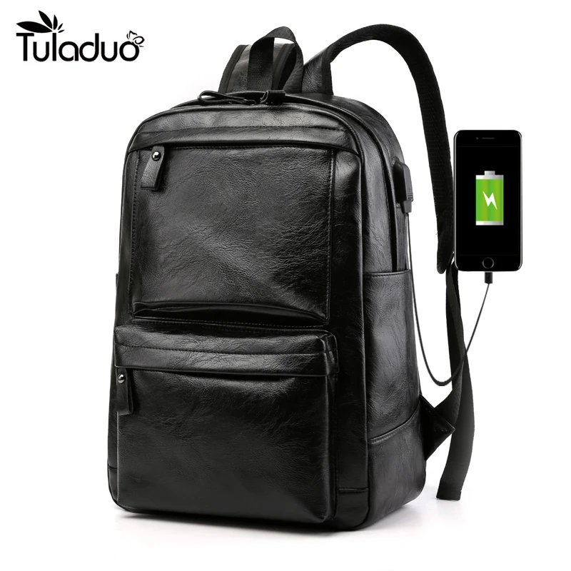 Черный мужской рюкзак из искусственной кожи для подростков с usb-зарядкой большой
