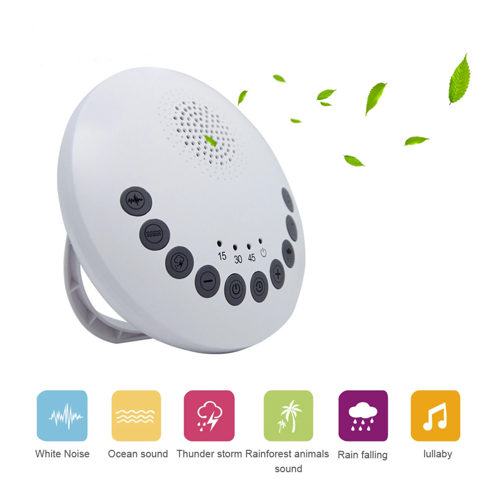 

Portable Home White Noise Sound Machine Sleep Timer 6 Sounds Battery or Adapter 2 Charging Options Auto-Off Timer