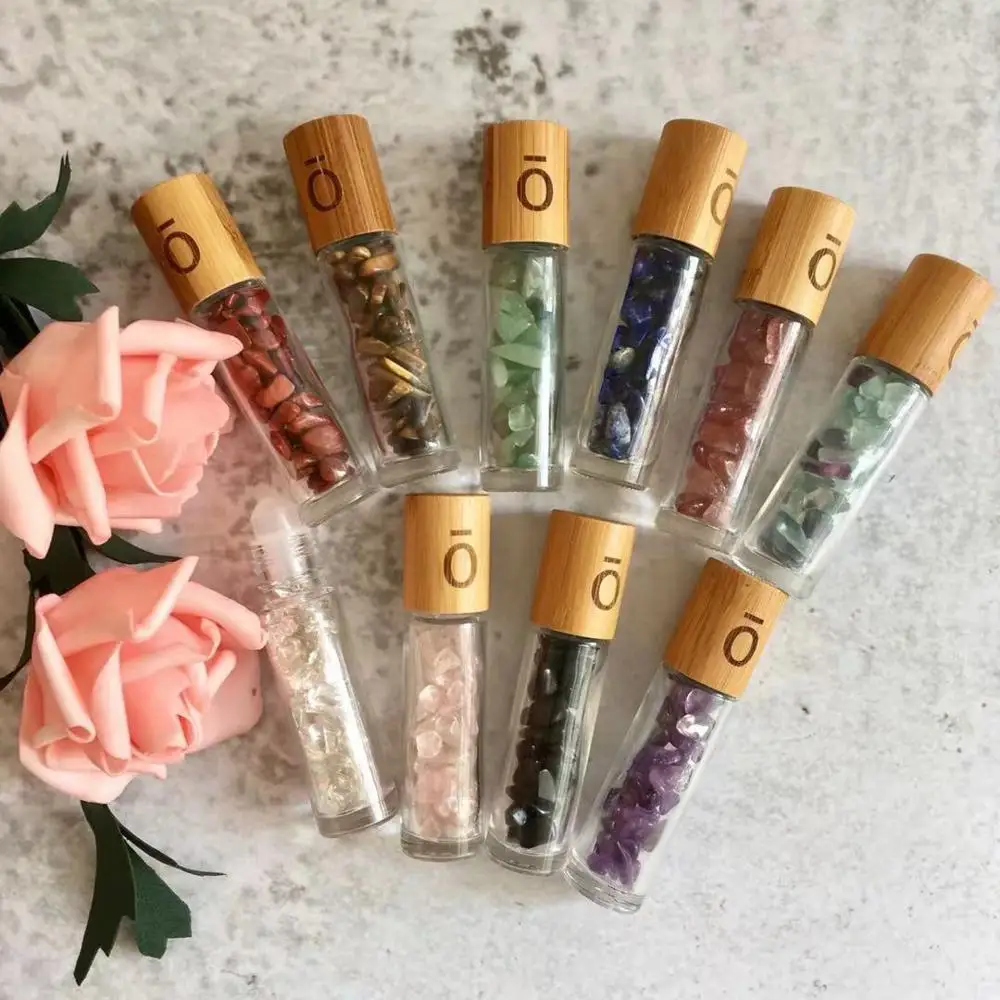 OEM logo 10ml Glass Crystal Stone Essential Oils Massage Roller Bottles Empty  gemstone  Roll On Perfume bottle with bamboo cap images - 6