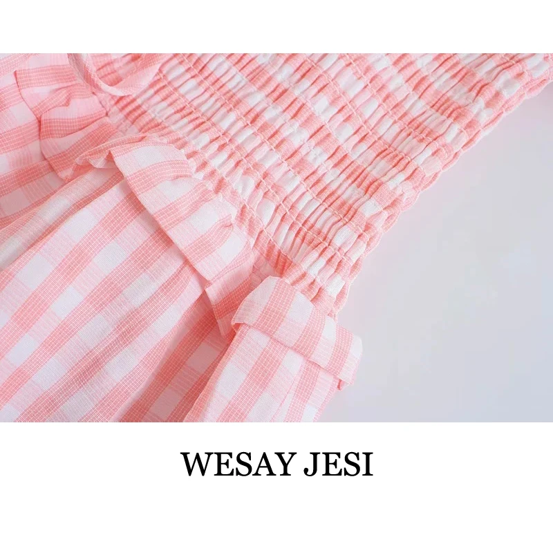 

WESAY JESI Summer Women's Dress 2021 New Long Party Dresses Pink Gingham Checked Puff Sleeve Slash Neck Princess Sweet Female