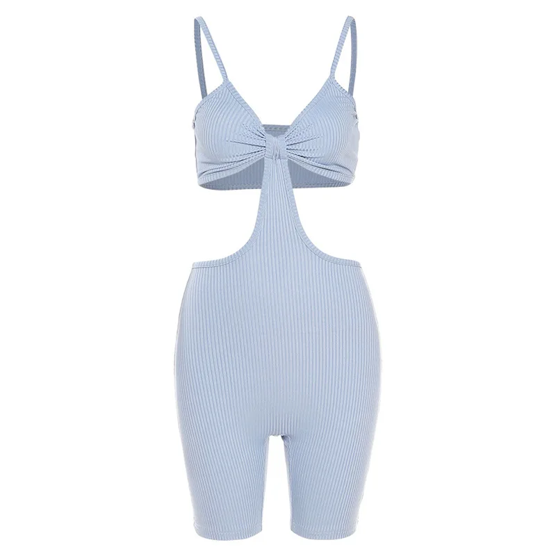 

Sibybo Rib Knitted Sleeveless Sexy Short Jumpsuit Summer Women Cut Out Backless Playsuits Femme Skinny Sport Fitness Overalls