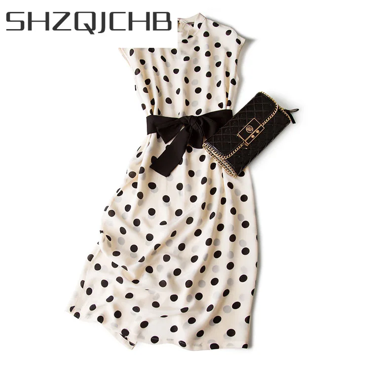 

SHZQ Summer Dress Women Clothes 2021 Vintage Real Silk Polka Dot Dresses Korean Elegant Mid Sleeveless Vestidos Women's Dress