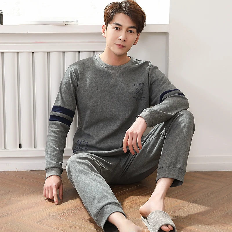 Men's Pajamas Set Autumn Winter Leisure Elastic Waist Men Sleepwear Set Cotton Men's Long Sleeve Nightwear Loose Homewear Cloth