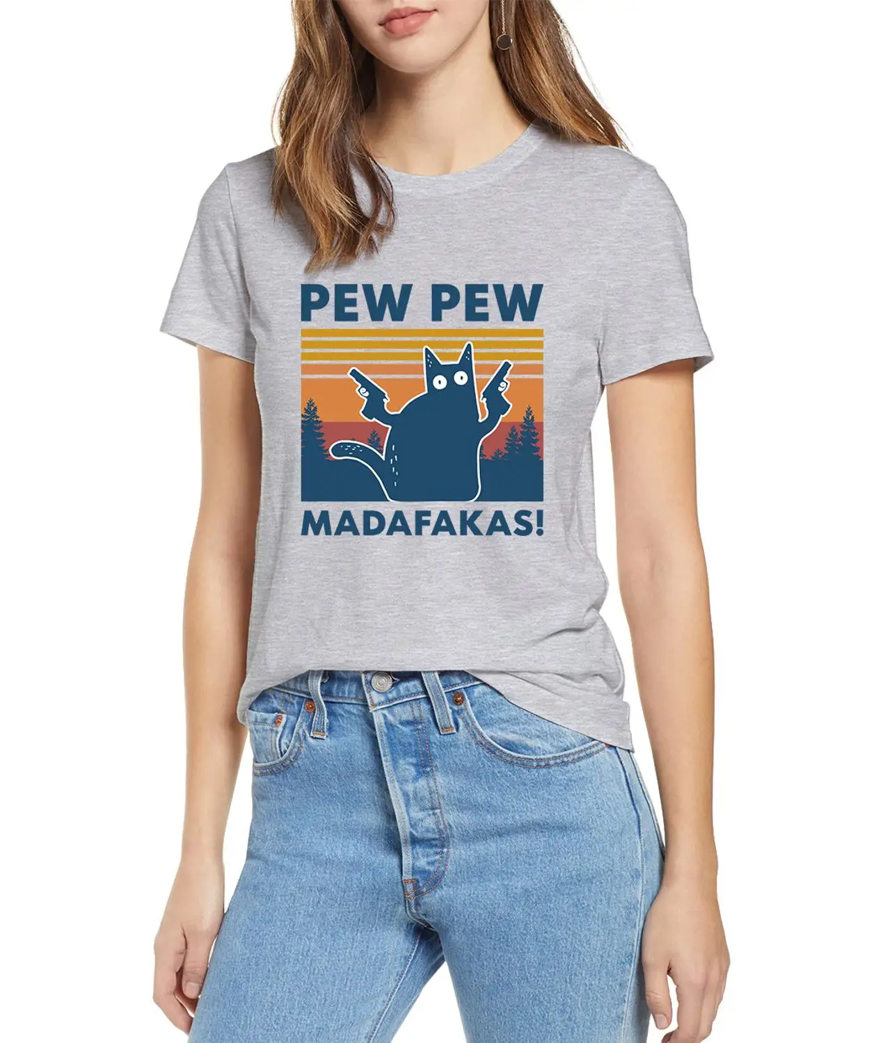 Женская футболка с черной кошкой Pew Madafakas забавная для девушек котом гангстером и