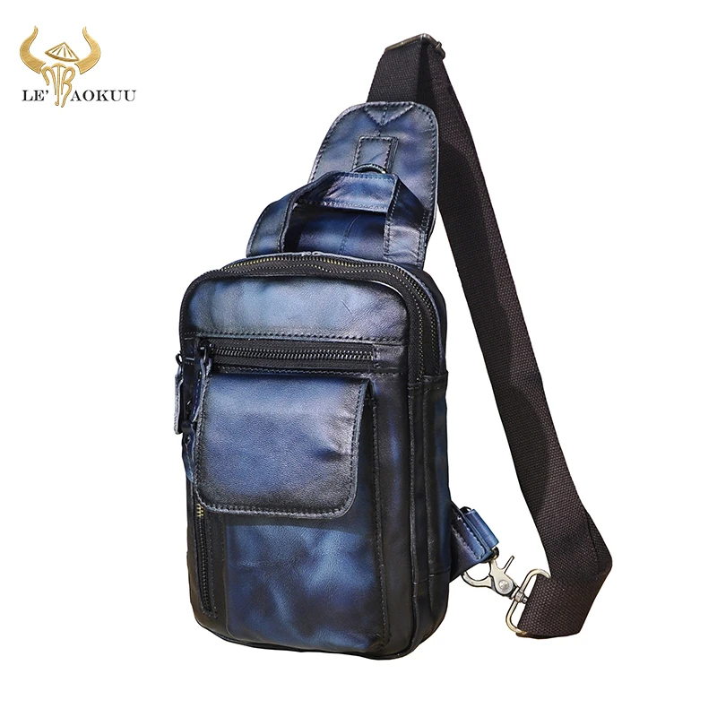 

Men Genuine Real Leather Fashion Casual Blue Chest Sling Bag 8" Tablet Tea Design Travel Daypack One Shoulder Bag Male B574