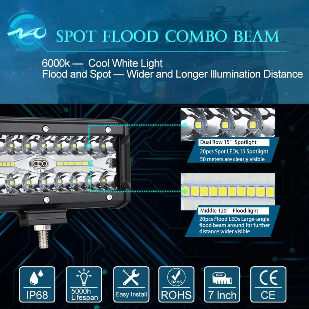 NAO led bar светодиодные фары балка 7дюймов 4x4 светодиодный 12 в рабочий светильник