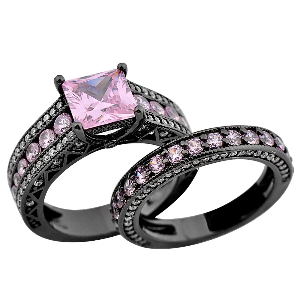 

Ring Zircon Retro Pink Four Claw Square Diamond Double Pair Ring Ring Explosive Hand Jewelry Lady Ring
