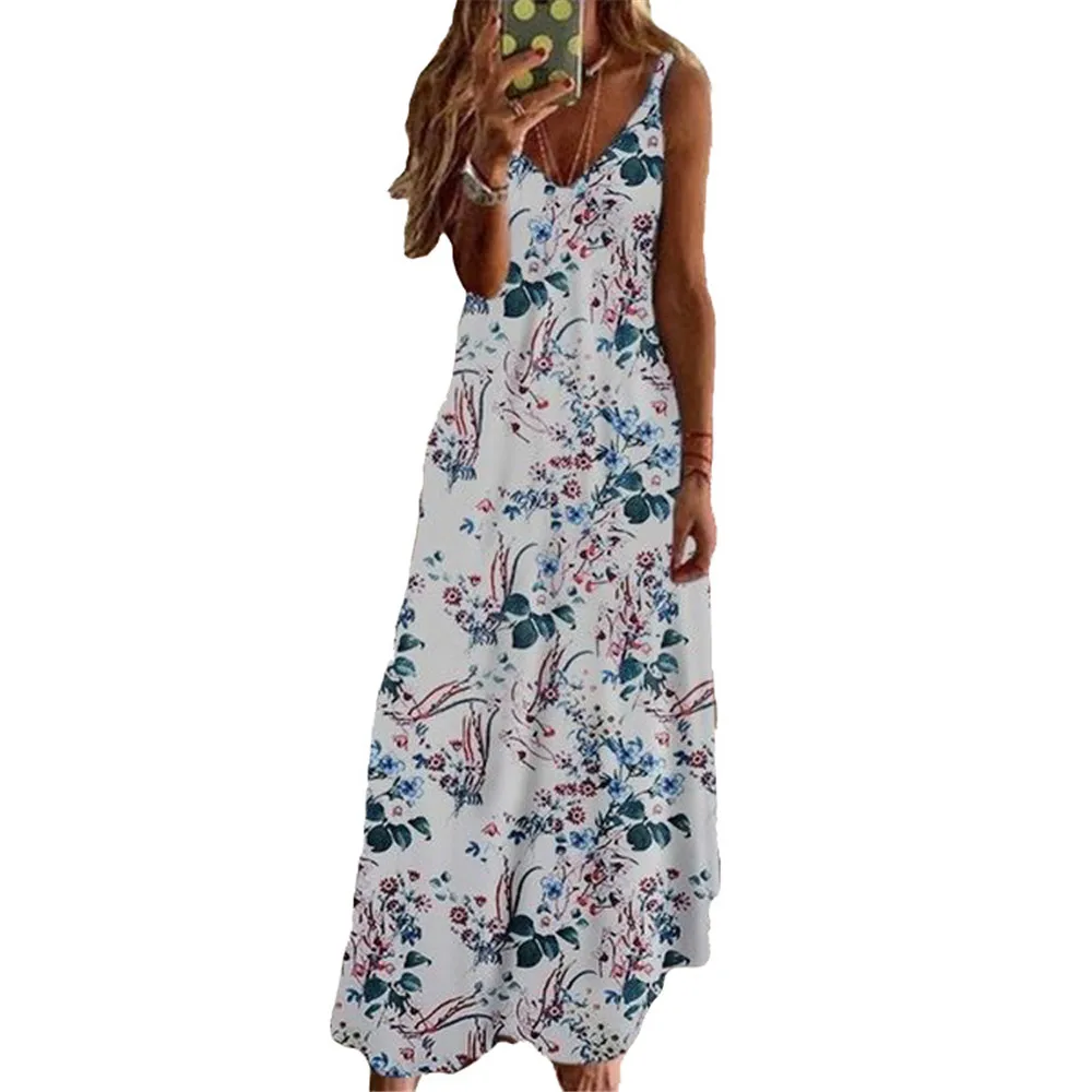 

Women's Dress 2021 Summer New Fashion Flowers Printed Sleeveless Spaghetti Strap Bohemia Casual Beach Elegant Maxi Dress S-5XL