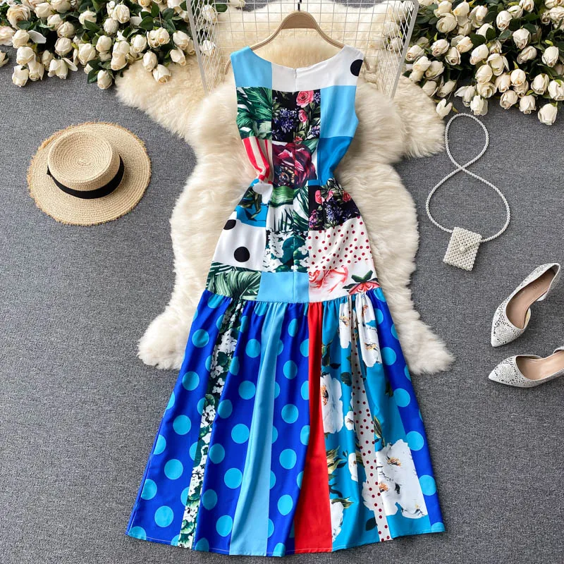 

Women's Summer Sundresses Fashion Runway Designer Sleeveless Dot Print Midi Tank Dress Casual Aline Robe Holiday Party Vestidos