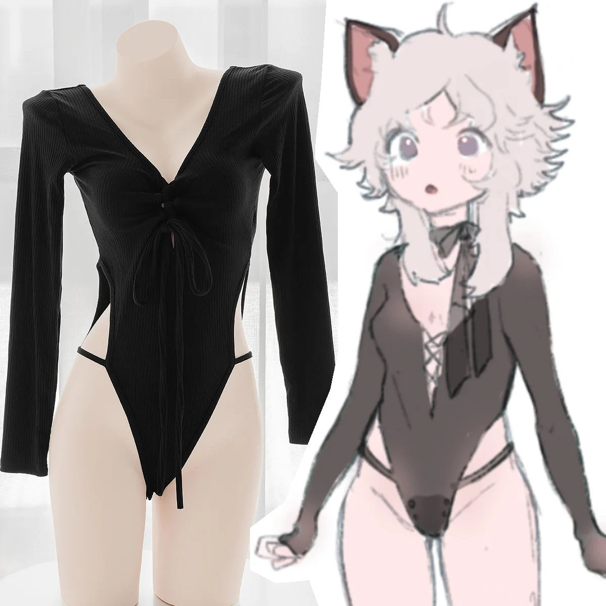 

Черный пикантный цельный топ на шнуровке с глубоким V-образным вырезом и открытой спиной, Женский пикантный топ в японском стиле Лолита для ролевых игр