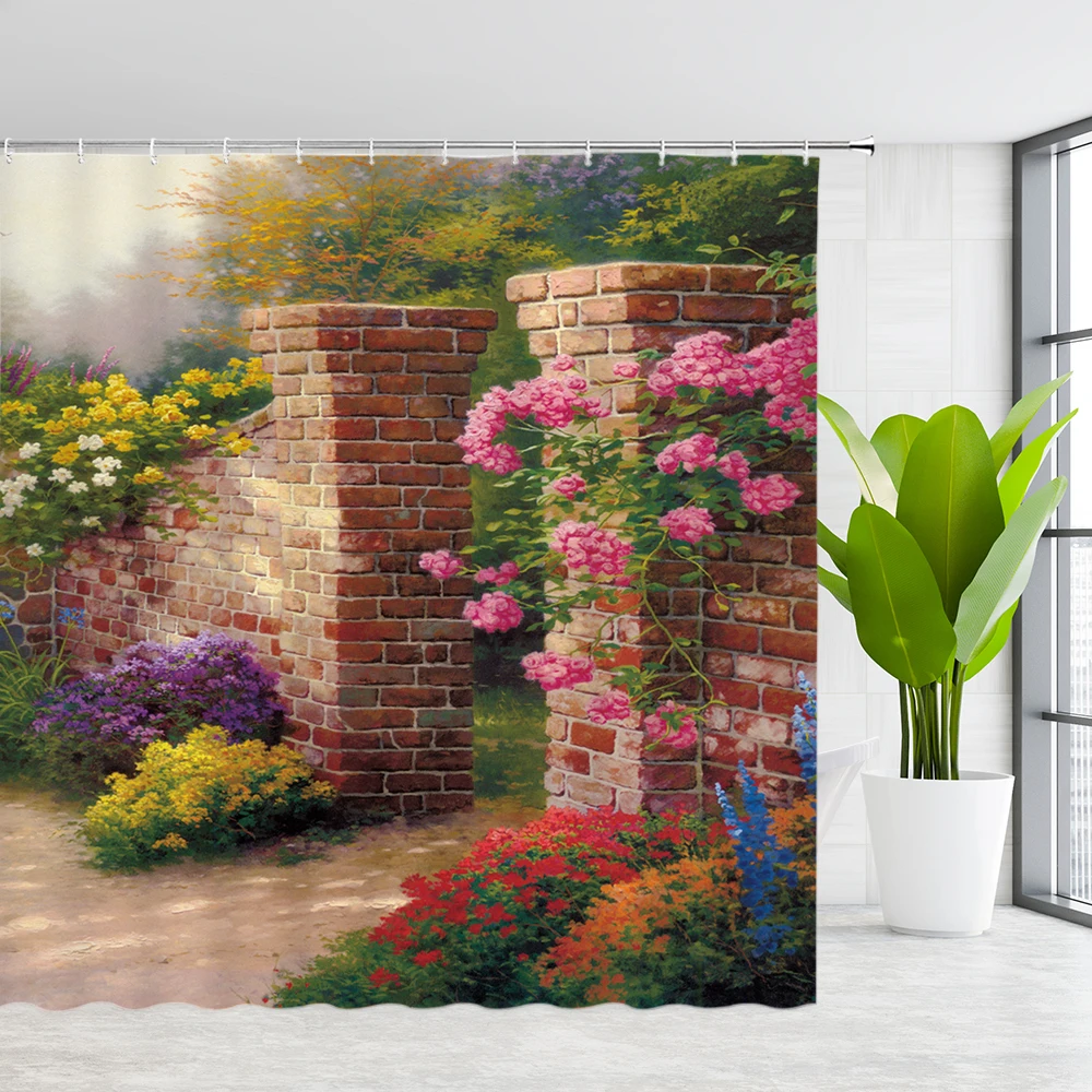 

Rural Natural Scenery Shower Curtains Garden Flowers Retro House Beautiful Landscape Pattern Bathroom Polyester Curtain Sets