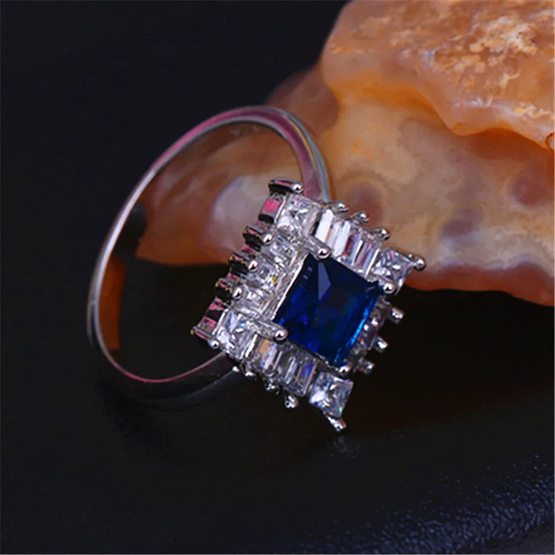 Роскошные блестящие синие/белые циркониевые Квадратные Кольца принцессы для