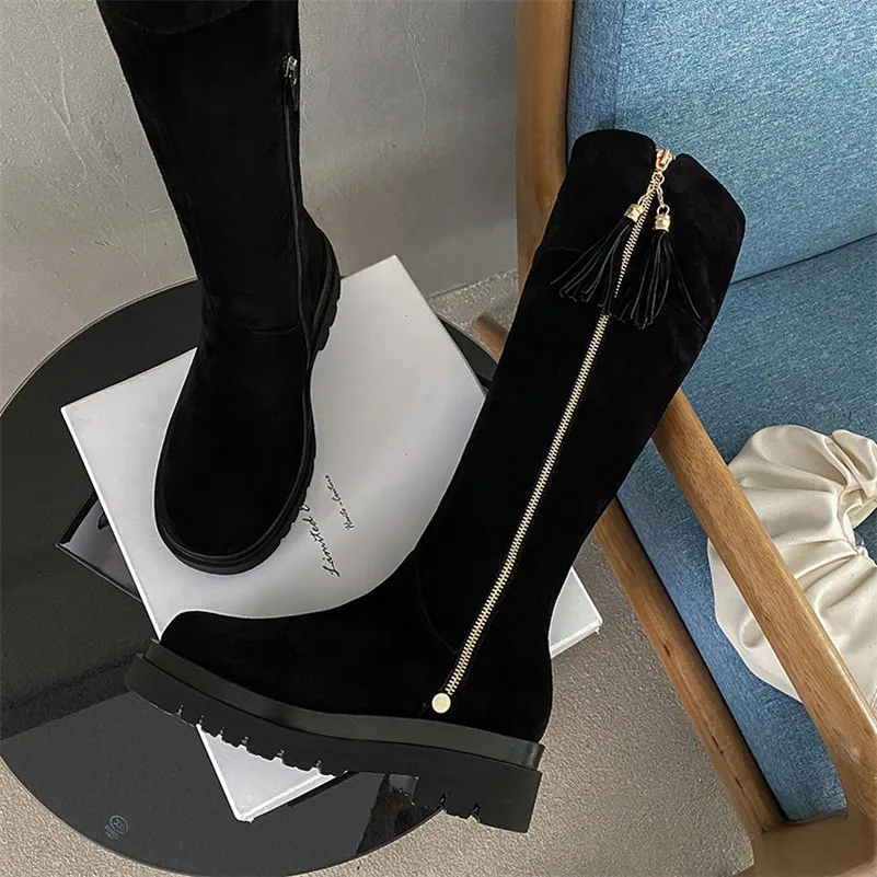 

Meotina Real Leather Cow Suede Platform Thick Heels Knee High Boots Women Zip Fringe Fashion Boots Shoes High Heel Long Boots