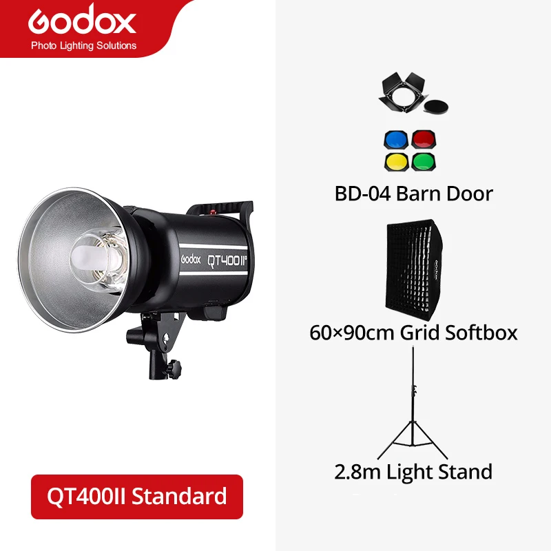Godox QT400II 400Ws Professional Studio Flash Strobe + 2.8m Light Stand 60x90cm Grid Softbox Trigger Barn Door Kit | Электроника