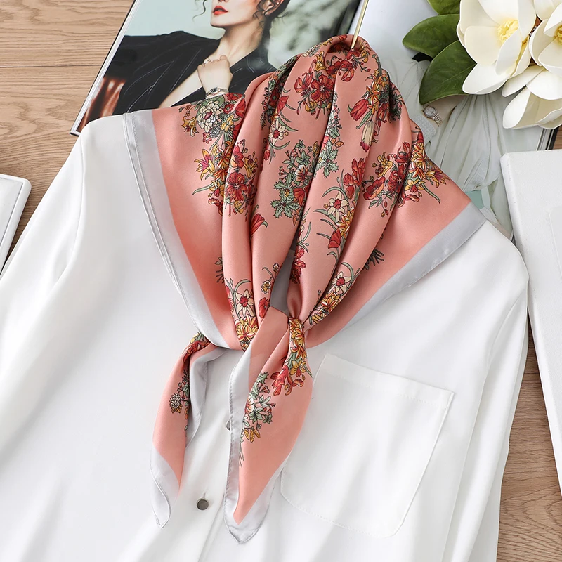 

2021 New Silk Square Women Neck Scarf Shawls Elegant Floral Print Neckerchief Hair Ban Lady Foulard Hand Scarves Bandana Tie