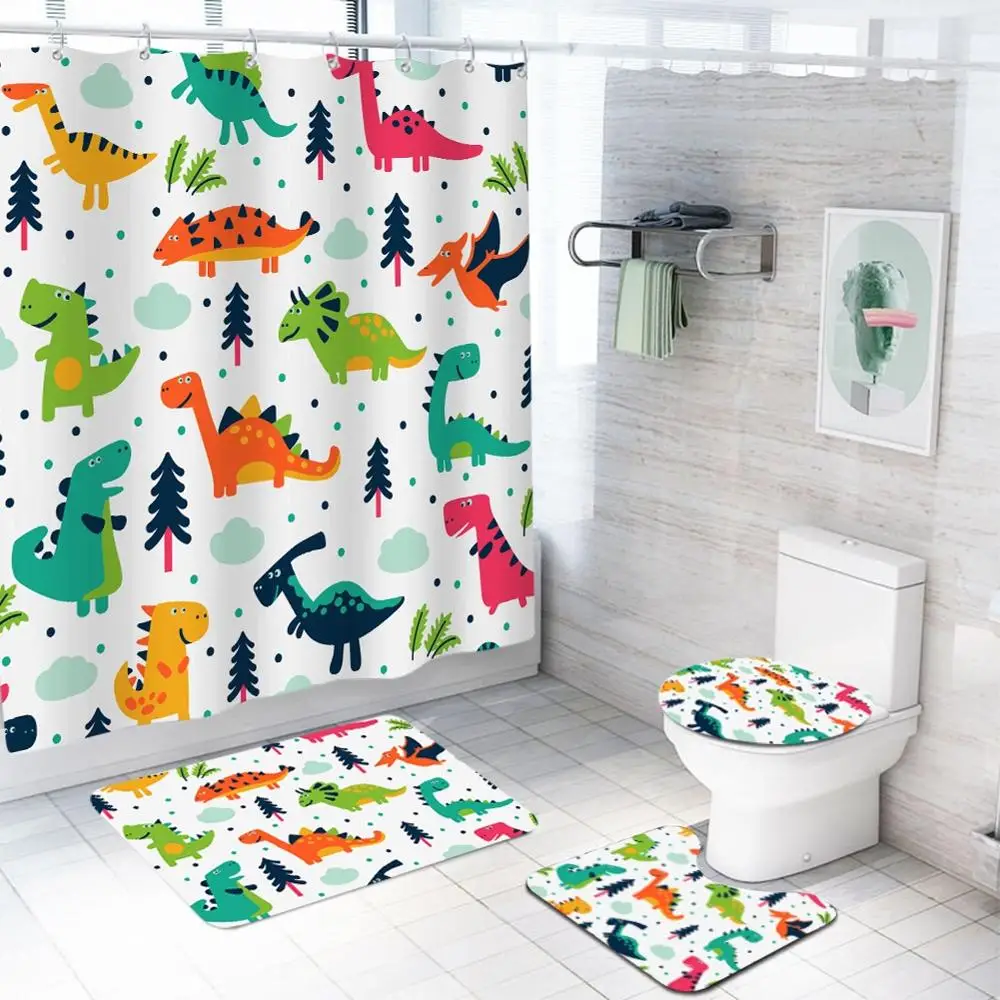 

Комплект для ванной комнаты с мультипликационным рисунком динозавра, водонепроницаемая Полиэстеровая занавеска для душа, фланелевый напо...