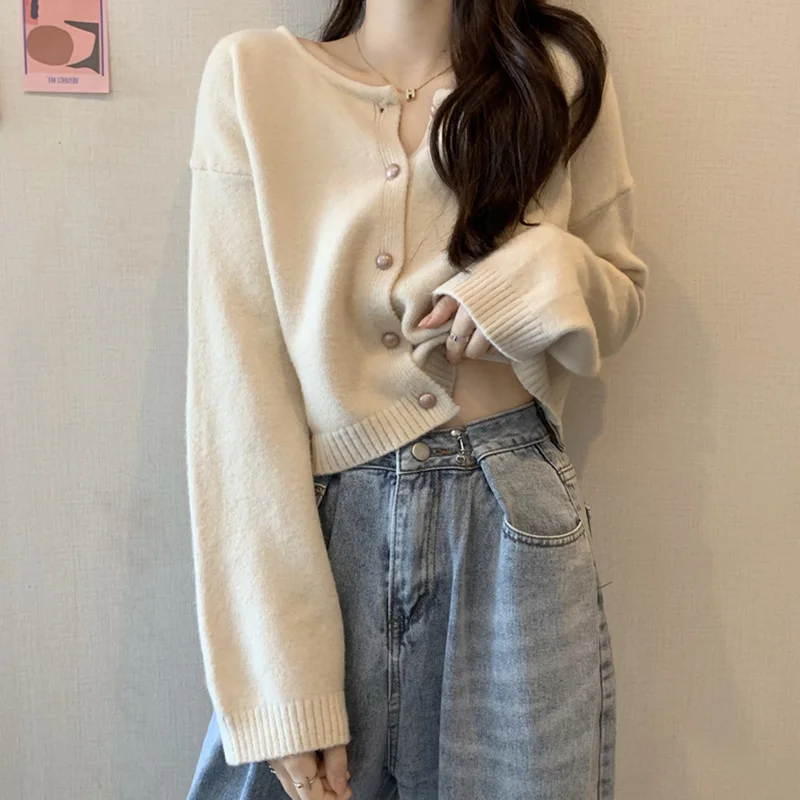 

Long Sleeved Knitted Cardigan Women's Spring and Autumn 2021 New Design Sense of Minority Lazy Style Sweater Coat Short Top