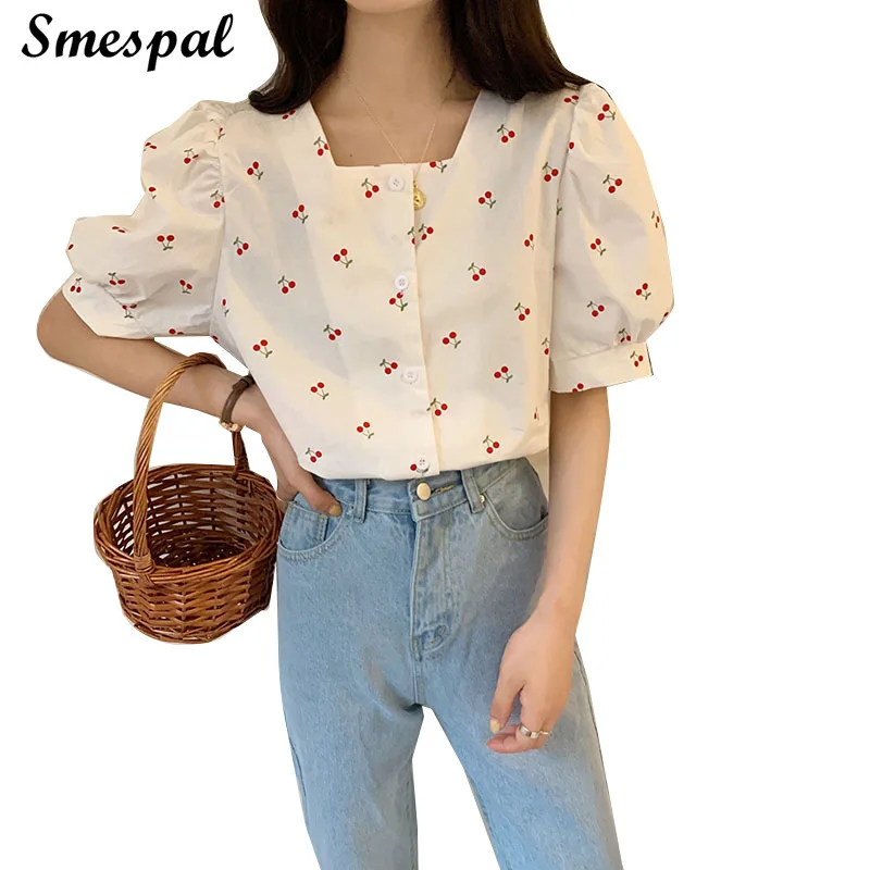 Women Vintage Cherry Pattern Puff Sleeve Tops Shirts | Женская одежда