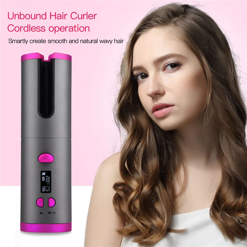 

Automatic Hair Curler Curling Iron Wireless Wand Ceramic Roller Rotating Barrel USB Rechargeable Waver with LED Digital Display