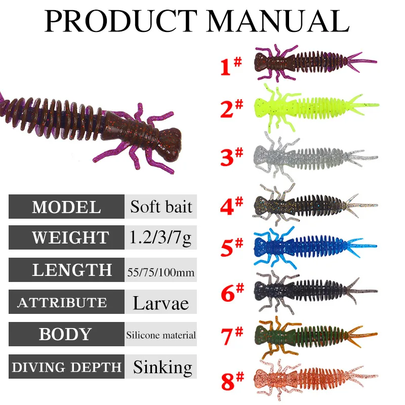 

1PCS Larva Soft Lures 55mm 75mm 100mm Artificial Fishing Lures Worm Silicone Bass Pike Minnow Swimbait Jigging Plastic Baits