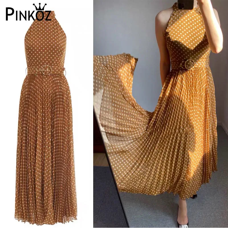 Pinkoz polka dot sleeveless maxi dress women party dinner halter pleated runway luxury chiffon brown with belt vintage | Женская одежда