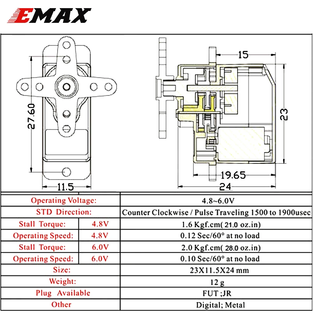 EMAX ES08MD 4 8 6 0 V 2 0/2 kg.cm мини металлическая Шестерня цифровой сервопривод совместимый