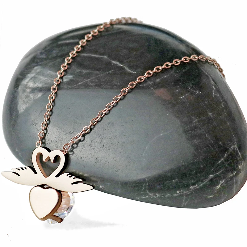Двойной Лебедь сердце кулон кристалл ожерелье из нержавеющей стали кубического